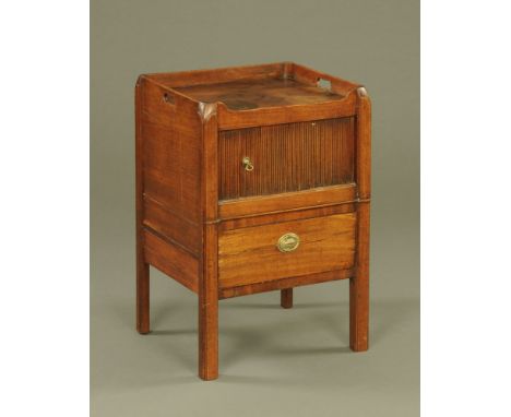 A George III mahogany tray top commode, with tambour front and converted drawer.  Height 73 cm, width 49 cm, depth 44 cm.