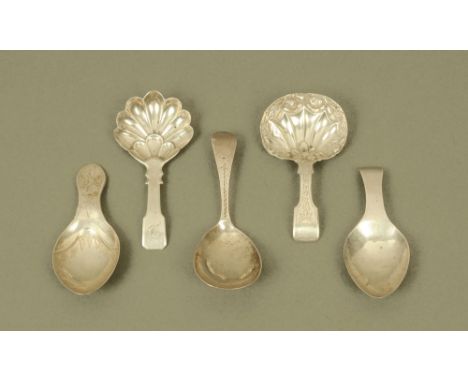An early Victorian silver fiddle pattern caddy spoon by Samuel Clark, with floral embossed and panelled bowl, Birmingham 1837