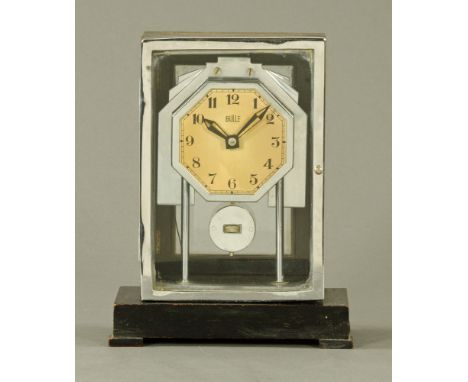 A Bulle electric mantle clock 1930's, in oak with chrome case.  Height 23 cm, width 18 cm, depth 9 cm.
