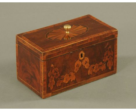 A George III inlaid mahogany tea caddy.  Width 18 cm.