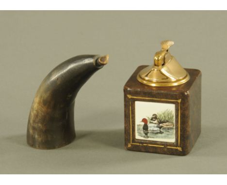 A 19th century horn shot flask, with wooden end and stopper, 11.5 cm long, together with a brown leather covered table lighte