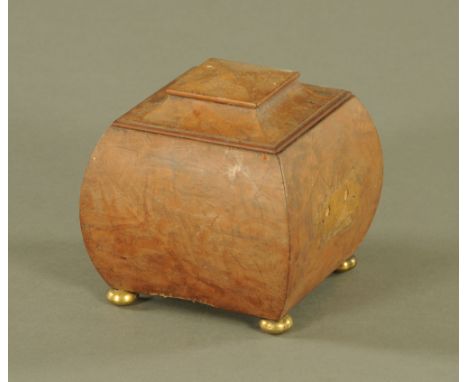 A William IV or early Victorian burr veneer possibly laburnum square tea caddy, with bowed sides and lifting top.  14.5 cm hi