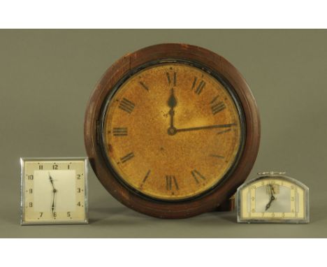 An oak cased school type wall clock, together with a Smiths 30 hour Art Deco clock and another.  