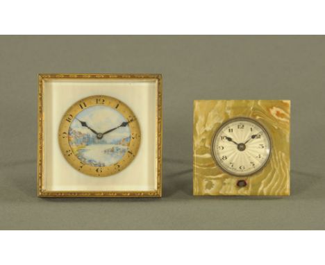 An Art Deco eight day desk clock, the dial painted with a lake scene, together with another with marble surround.  Largest wi
