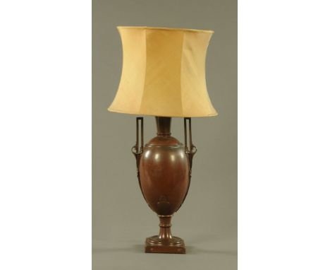 A 19th century bronze twin handled vase of classical revival style converted to a table lamp, 53.5 cm.  CONDITION REPORT: Con