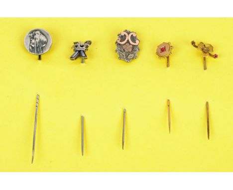 Five silver coloured and gold coloured stick pins, a part case of studs.