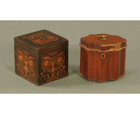 A 19th century mahogany square tea caddy, inlaid throughout with floral swag motifs.  11.5 cm high, together with an early Ge