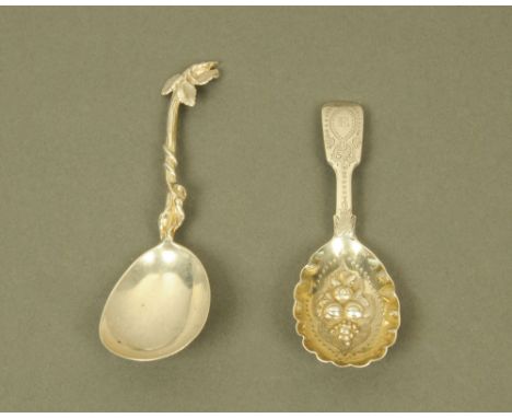 An early Victorian silver caddy spoon by Francis Higgins II, with naturalistically modelled branch terminal, London 1846, tog