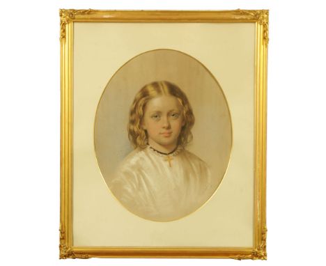 A Victorian oval portrait in chalk and pencil, of "Elizabeth Catherine Howard born 1856, married fourth Earl of Caernarfon", 