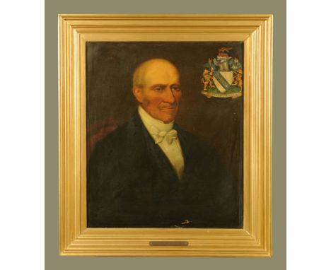19th century school, oil painting, half length portrait of William Stanley (1788-1879), painted with armorial to upper right 