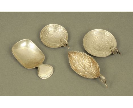 Two George III silver circular caddy spoons of chinoiserie design, by unidentified Birmingham maker W, the embossed bowls dec