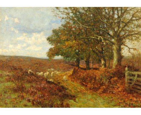 John Aburn (19th century Scottish School), oil on canvas shepherd and sheep in wooded landscape with gate.  78 cm x 107 cm in