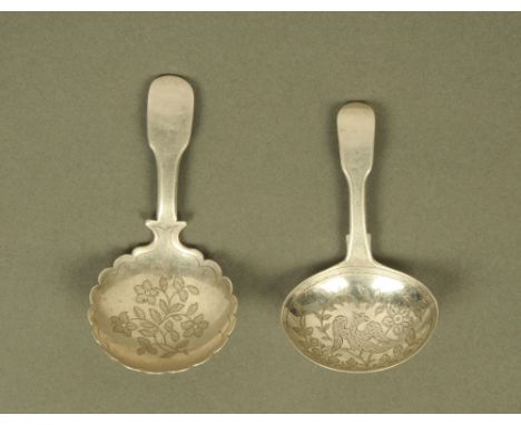 Two George IV silver fiddle pattern caddy spoons, the bowls engraved with Ho Ho birds and foliage respectively, hallmarked fo