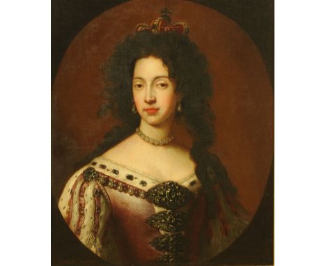 After Sir Godfrey Kneller oil on canvas portrait of Mary of Modena, wife of King James II within a gilt slip and moulded fram