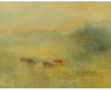 Karen Wallbank, oil painting "Dawn Light".  14.5 x 18 cm in beechwood frame and glazed with Castlegate House Cockermouth labe
