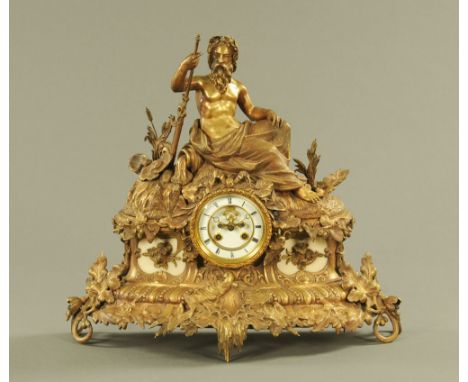 A 19th century continental mantle clock, with Poseidon figural mount and with rococo case with two train movement with visibl