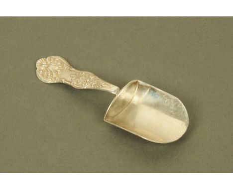 A Victorian Scottish silver shovel form caddy spoon, with Kings pattern terminal by William Coghill, Glasgow 1866. CONDITION 