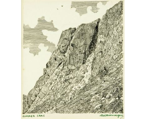 Alfred Wainwright (1907-1991), an original pen and ink drawing "Gimmer Crag", 20 cm x 17 cm, framed, signed. ARR  (see illust