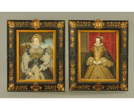 A pair of early 20th colour prints, portrait of Mary Queen of Scots and Mary Queen of England, each 24 cm x 17 cm, in ebonise