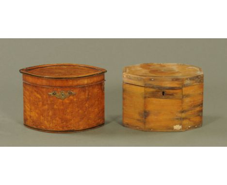 An 18th century burr veneer oval tea caddy, with shaped escutcheon.  13.5 cm high, together with an early 19th century pine t