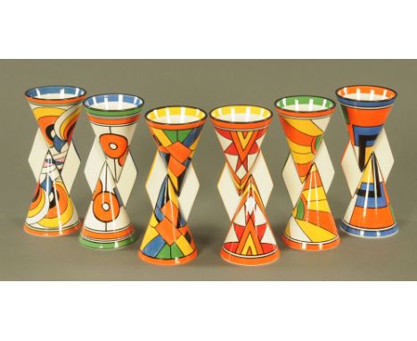 Six Wedgwood Clarice Cliff Yoyo vases, various patterns including Conroy, Mondriane, Sliced etc. all boxed (see illustration)