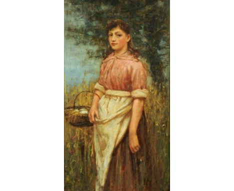 Charles McEwen (Glasgow School), portrait of a young girl with basket of eggs.  80 cm x 44 cm, framed, signed. CONDITION REPO