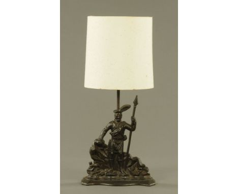 A Victorian cast iron lamp modelled as Bonnie Prince Charlie, now converted to electricity, with shade.  74 cm high, CONDITIO