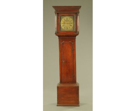 An 18th century oak longcase clock by Hendrie of Wigton, the 28 cm brass dial with pierced spandrels and calendar aperture to