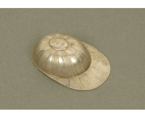 A George III silver jockey cap caddy spoon, with relief cast radiating ridges (incompletely hallmarked - with lion passant an