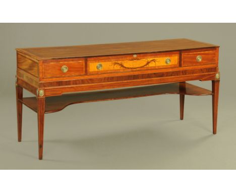 A 19th century inlaid mahogany sideboard, converted from a square piano, the banded rectangular top above a long central draw