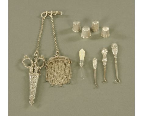 A late Victorian silver chatelaine clip, Birmingham 1900, together with a pair of scissors and a silver hallmarked purse, imp