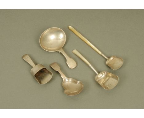 A George III silver shovel form caddy spoon by Matthew Linwood, with mother of pearl terminal, Birmingham 1813, a 19th centur