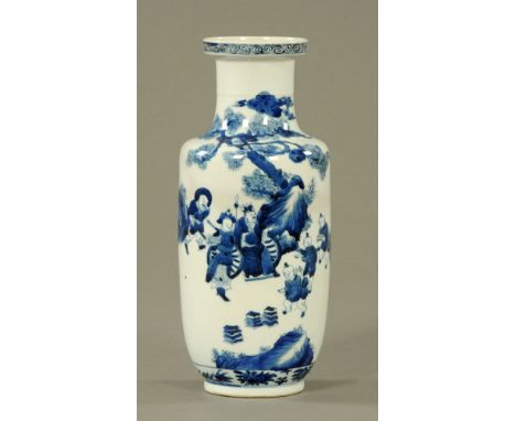 A Chinese Qing dynasty blue and white porcelain Rouleau vase, decorated with emperor in sedan chair and attendants.  Bears Ka