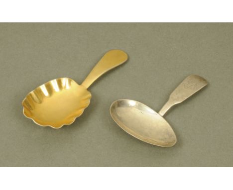 A George III Irish silver gilt caddy spoon, by John Power with old English terminal and crimped oval bowl, Dublin 1812, toget