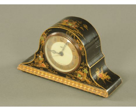 An Art Deco chinoiserie lacquered mantle clock, with Smiths electric movement.  Width 23.5 cm.
