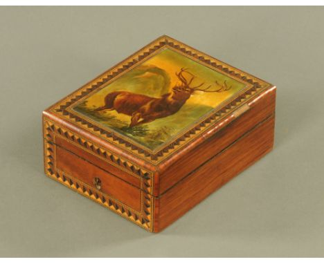 A Victorian rosewood and parquetry banded sewing box, the lid painted with stag portrait "Monarch of the Glen", with blue sil