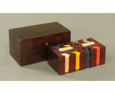 A mahogany games compendium, the lift out fitted rack containing two sets of cards and a quantity of checkers.  The box 13 cm
