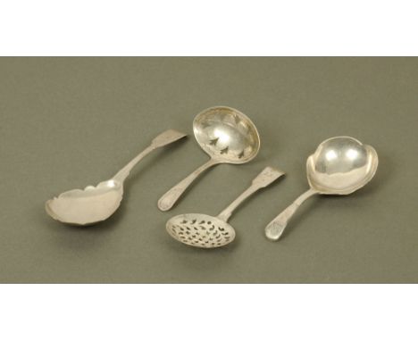 A George III silver tea strainer spoon, with bright cut old English terminal and oval bowl by Alice and George Burrows, Londo