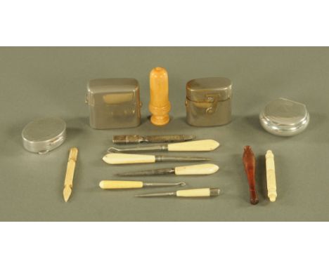 A silver pillbox, another similar, a Vesta case, travel inkwell, needle cases etc.