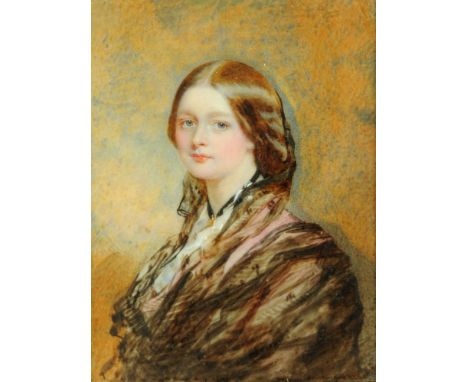 19th century school, miniature painting, portrait of Charlotte Howard, 12.5 cm x 9 cm in figured oak and parcel gilt frame an