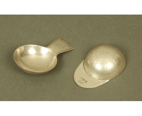 A George III silver jockey cap caddy spoon, possibly by William Rudkins, London 1815, together with an 18th/19th century whit