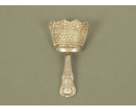 A George IV silver shovel form caddy spoon by John Thropp or Joseph Taylor,with Kings pattern terminal and floral embossed bo