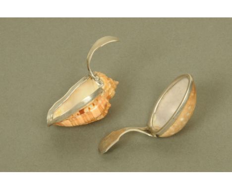 Two late 18th/early 19th century white metal mounted shell caddy spoons, the mount by Matthew Linwood, the fiddle pattern ter