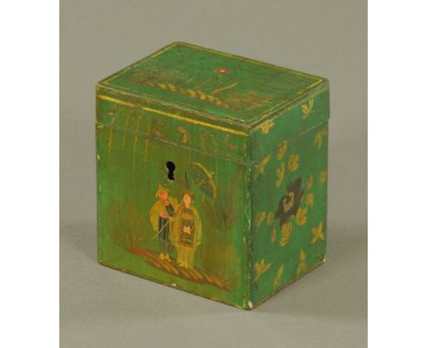 An 18th century green Japanned rectangular tea caddy, of chinoiserie design, decorated with a pair of figures to front.  11 c