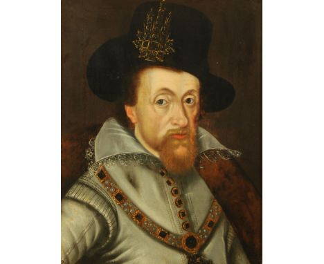 18th century school, oil painting, portrait of King James I. Board +/- 58 cm x 40 cm, in grained and parcel gilt deeply mould