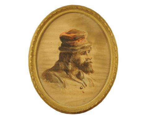 Early 19th century continental or Russian school watercolour, shoulder length portrait of a man wearing red velvet cap bearin