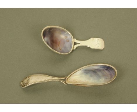 A George III silver mounted shell caddy spoon, with Kings pattern terminal, hallmarked for London 1814, together with an 18th