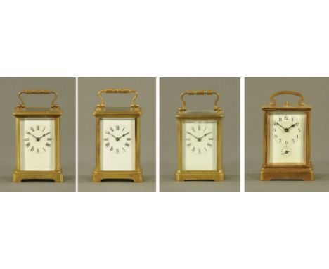 A collection of four brass carriage clocks, three timepieces only, one with alarm.   CONDITION REPORT: One timepiece has a ch