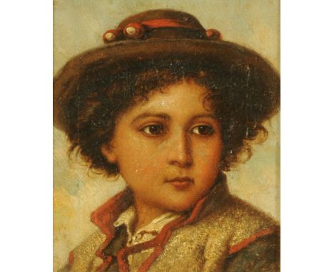A 19th century continental school, possibly Italian, shoulder length portrait of a young girl with wide brimmed hat.  18 cm x