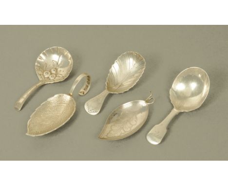A George III silver caddy spoon by Thomas Wallis II, with floral embossed circular bowl, London 1790, three other George III 